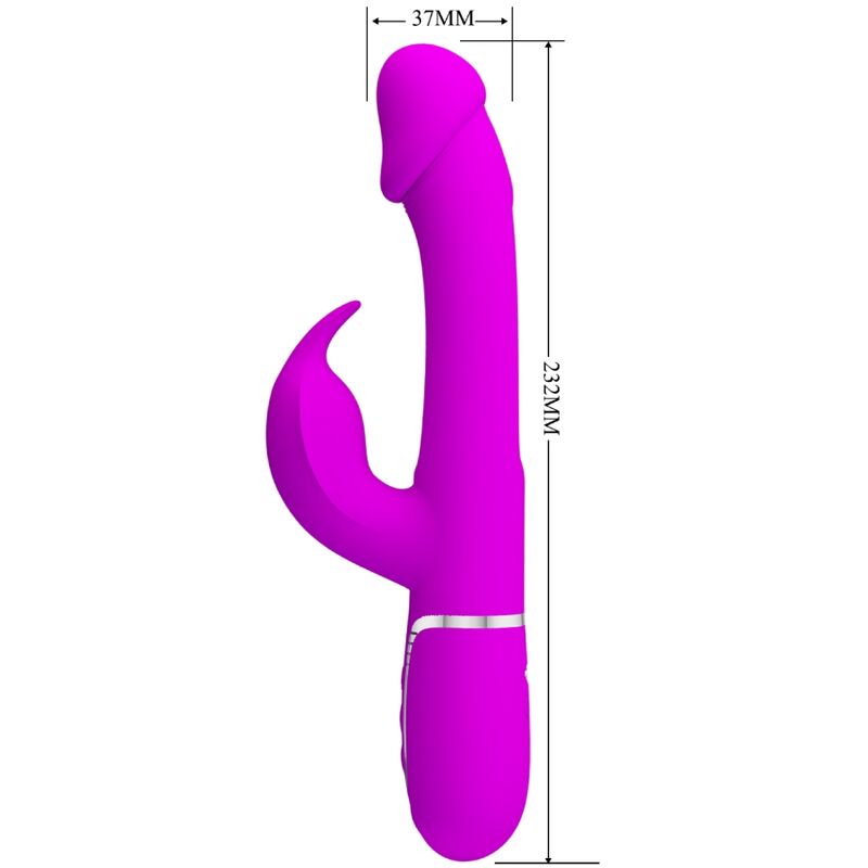 Close-up do Vibrador Coelho Dejon 3 em 1 Multifunção Fúcsia da Pretty Love, destacando seu design ergonômico e texturas.