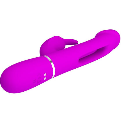 Close-up do Vibrador Coelho Dejon 3 em 1 Multifunção Fúcsia da Pretty Love, destacando seu design ergonômico e texturas.