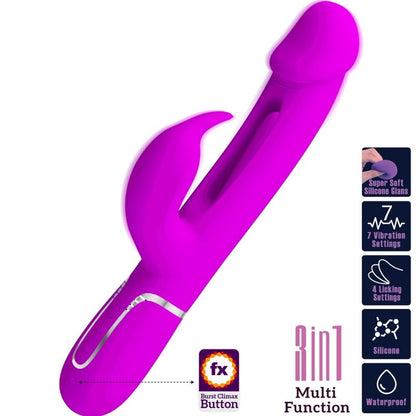 Close-up do Vibrador Coelho Dejon 3 em 1 Multifunção Fúcsia da Pretty Love, destacando seu design ergonômico e texturas.