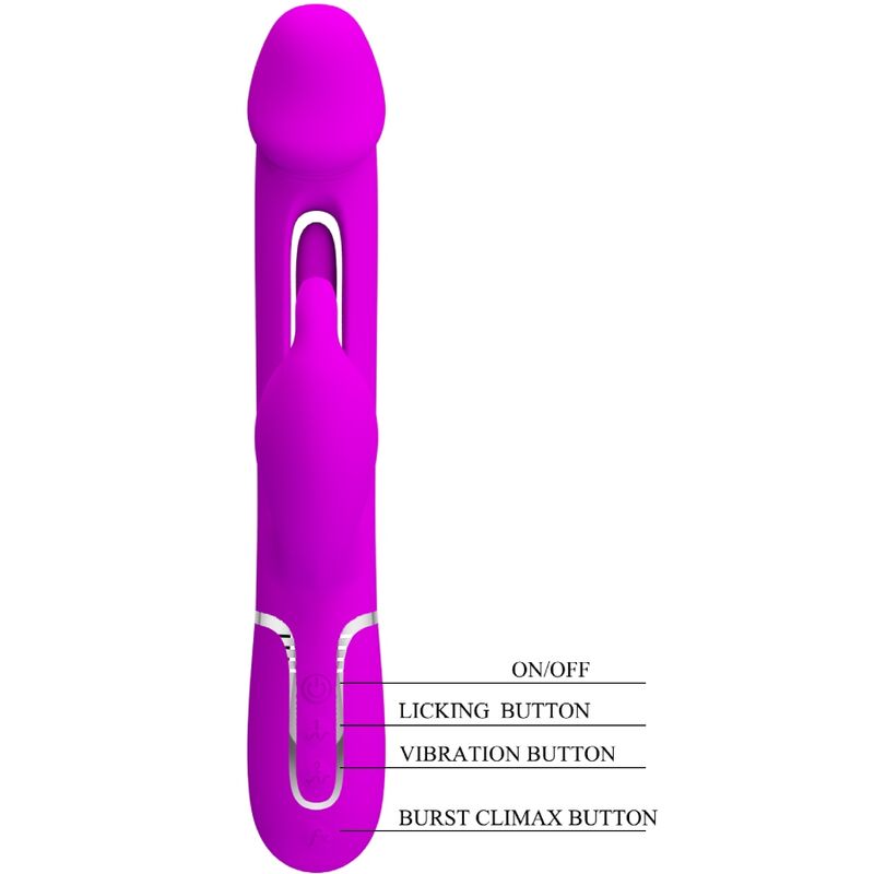 Close-up do Vibrador Coelho Dejon 3 em 1 Multifunção Fúcsia da Pretty Love, destacando seu design ergonômico e texturas.