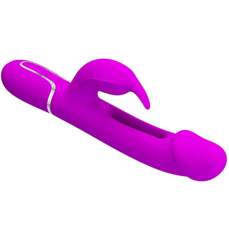 Close-up do Vibrador Coelho Dejon 3 em 1 Multifunção Fúcsia da Pretty Love, destacando seu design ergonômico e texturas.
