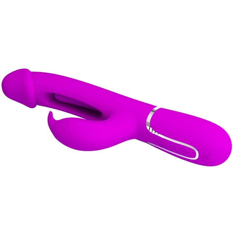 Close-up do Vibrador Coelho Dejon 3 em 1 Multifunção Fúcsia da Pretty Love, destacando seu design ergonômico e texturas.