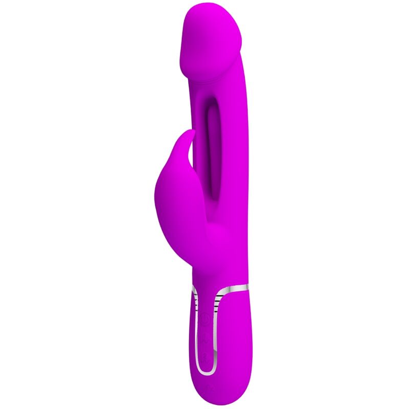 Close-up do Vibrador Coelho Dejon 3 em 1 Multifunção Fúcsia da Pretty Love, destacando seu design ergonômico e texturas.