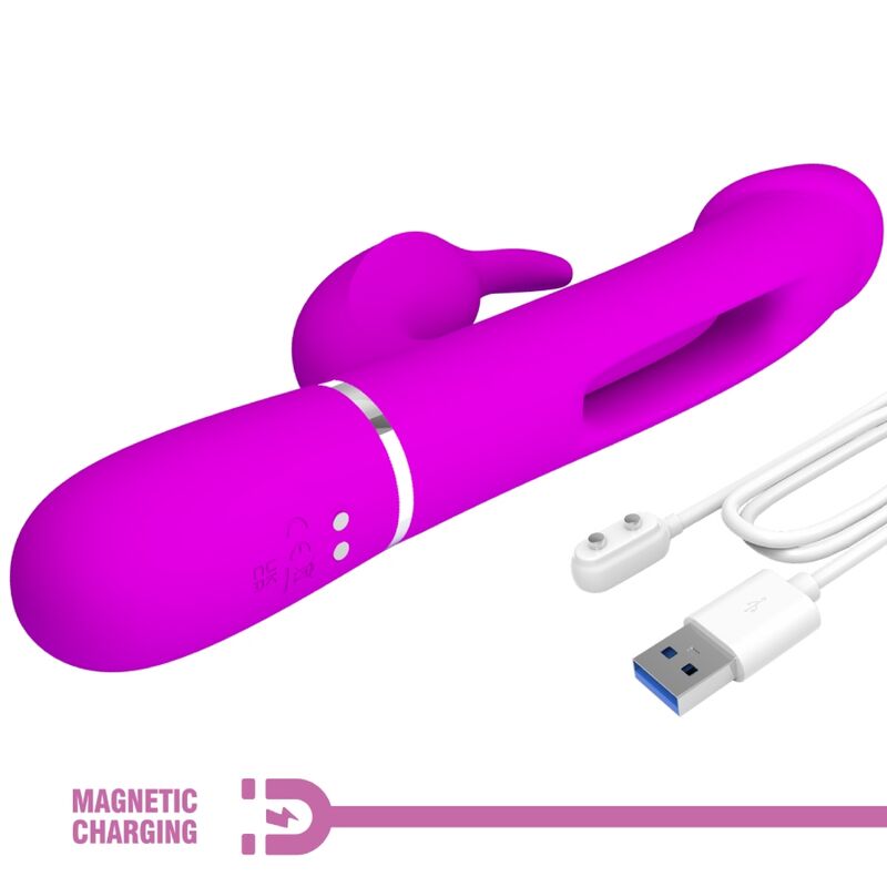 Close-up do Vibrador Coelho Dejon 3 em 1 Multifunção Fúcsia da Pretty Love, destacando seu design ergonômico e texturas.