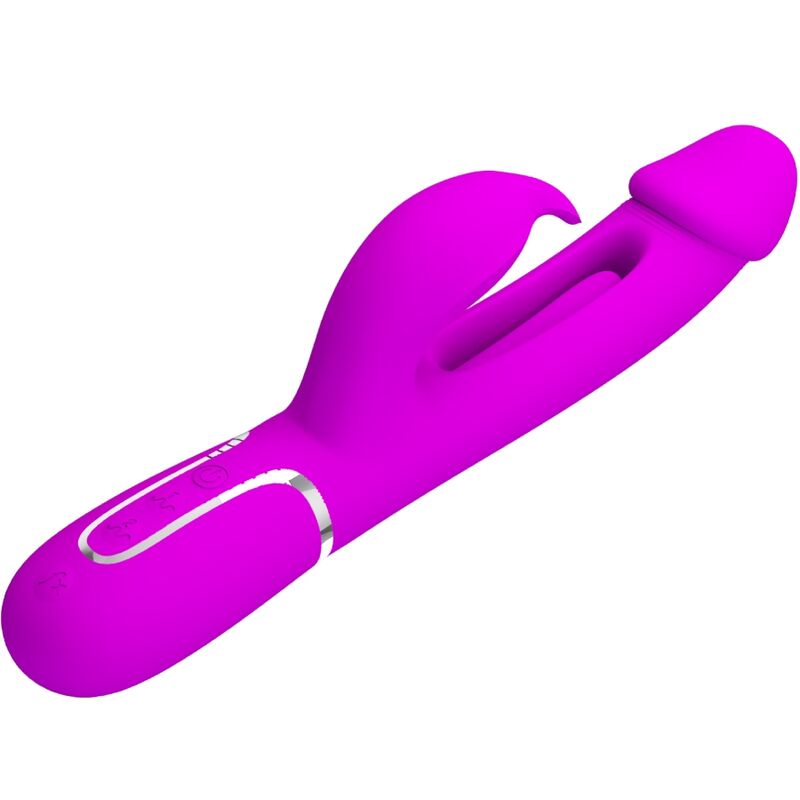 Close-up do Vibrador Coelho Dejon 3 em 1 Multifunção Fúcsia da Pretty Love, destacando seu design ergonômico e texturas.