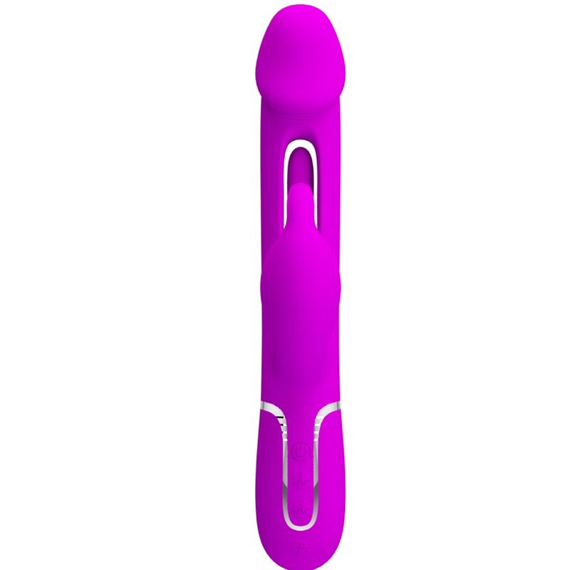 Close-up do Vibrador Coelho Dejon 3 em 1 Multifunção Fúcsia da Pretty Love, destacando seu design ergonômico e texturas.
