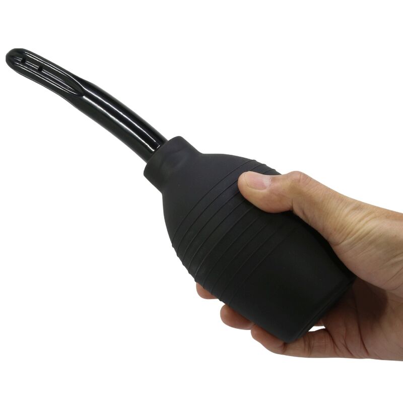 Ducha Anal MR PLAY Super Power Preta para higiene íntima, close-up do design ergonómico e material de borracha.