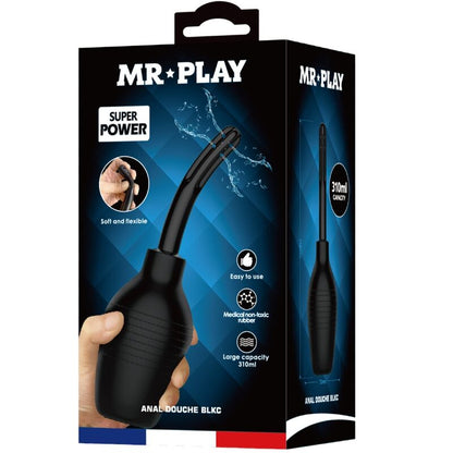 Ducha Anal MR PLAY Super Power Preta para higiene íntima, close-up do design ergonómico e material de borracha.