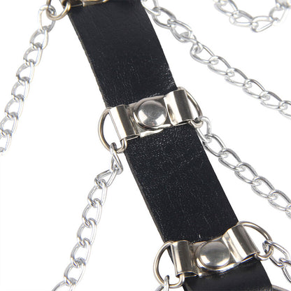 Close-up of the SUBBLIME Leather Chest Harness with Chains in Black, highlighting its texture and design.