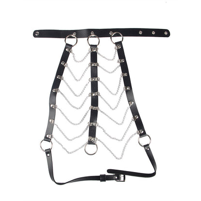 Close-up of the SUBBLIME Leather Chest Harness with Chains in Black, highlighting its texture and design.