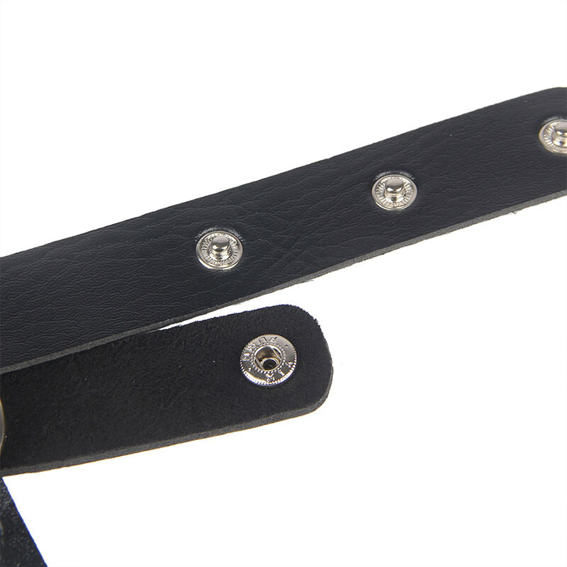 Close-up of the SUBBLIME Leather Chest Harness with Chains in Black, highlighting its texture and design.