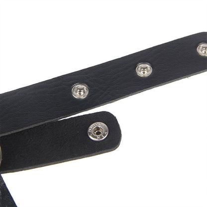 Close-up of the SUBBLIME Leather Chest Harness with Chains in Black, highlighting its texture and design.