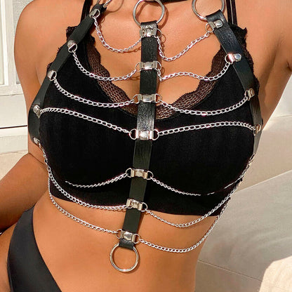Close-up of the SUBBLIME Leather Chest Harness with Chains in Black, highlighting its texture and design.