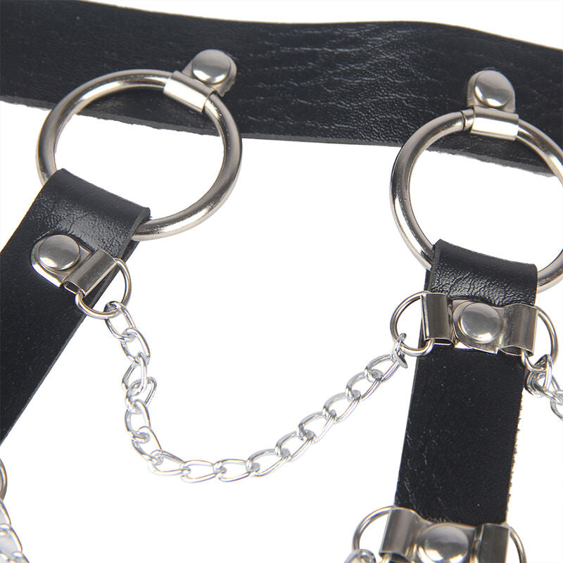 Close-up of the SUBBLIME Leather Chest Harness with Chains in Black, highlighting its texture and design.