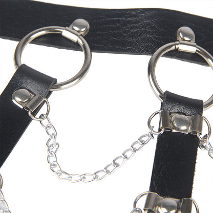 Close-up of the SUBBLIME Leather Chest Harness with Chains in Black, highlighting its texture and design.