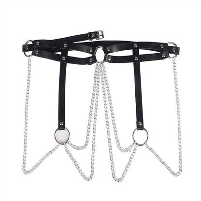 SUBBLIME Cinto com Corrente Anel de Couro Preto para Lingerie BDSM
