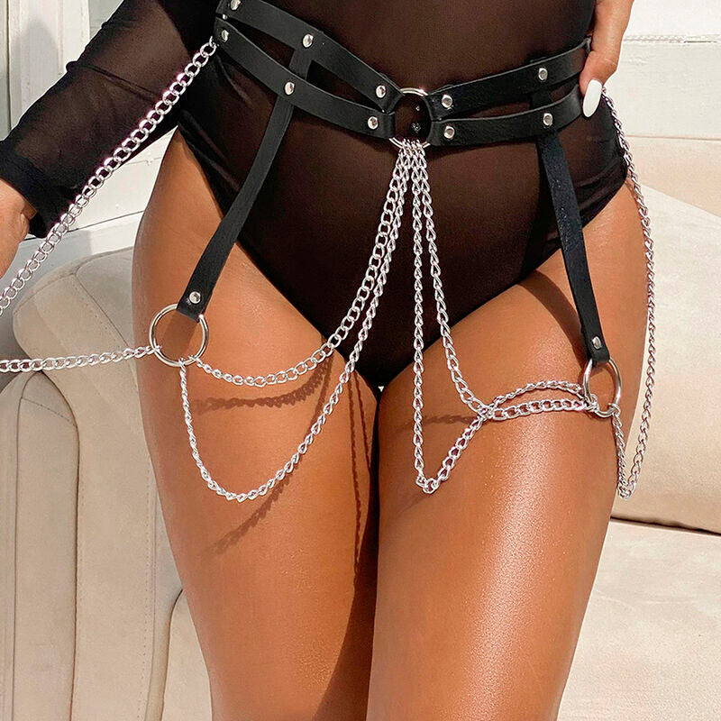 SUBBLIME Cinto com Corrente Anel de Couro Preto para Lingerie BDSM