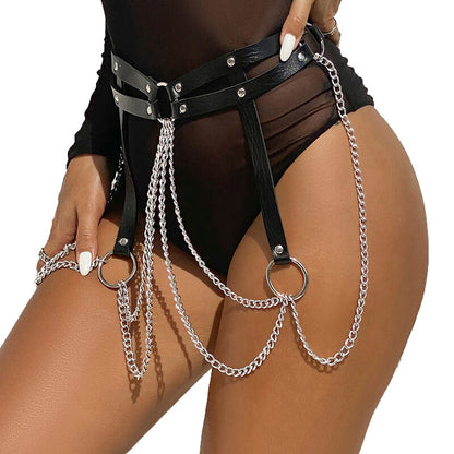 SUBBLIME Cinto com Corrente Anel de Couro Preto para Lingerie BDSM