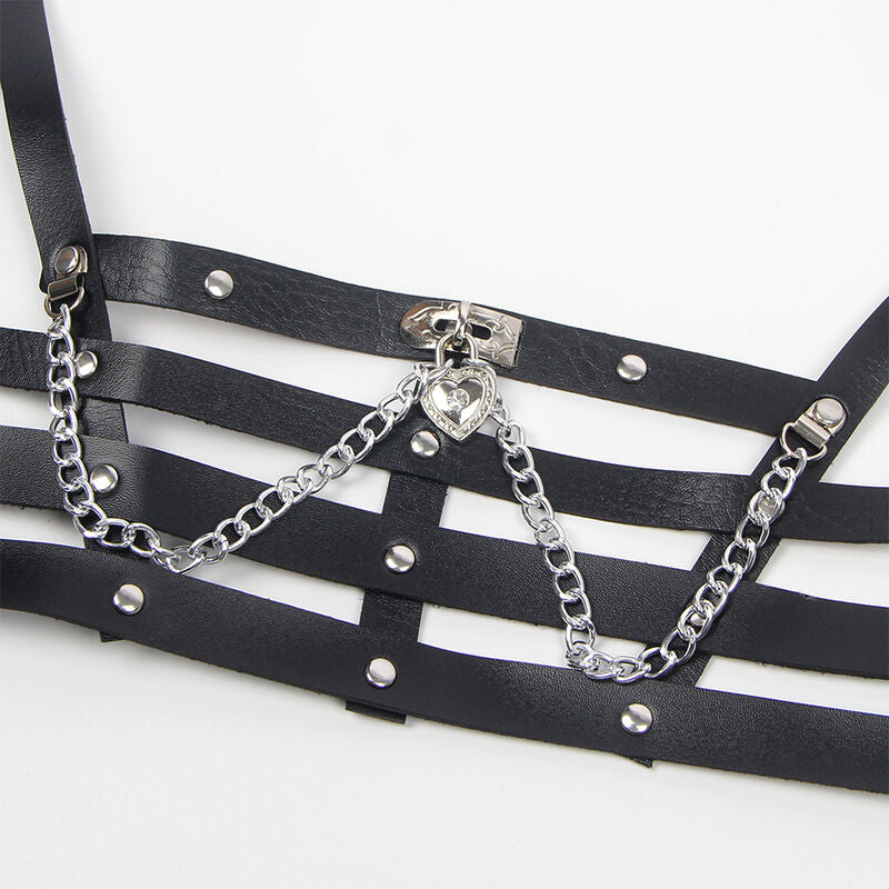 Arnês Corset Subblime de couro preto com detalhes de corrente, design elegante e sedutor.