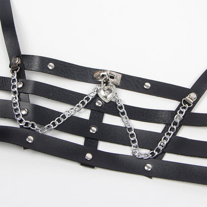 Arnês Corset Subblime de couro preto com detalhes de corrente, design elegante e sedutor.