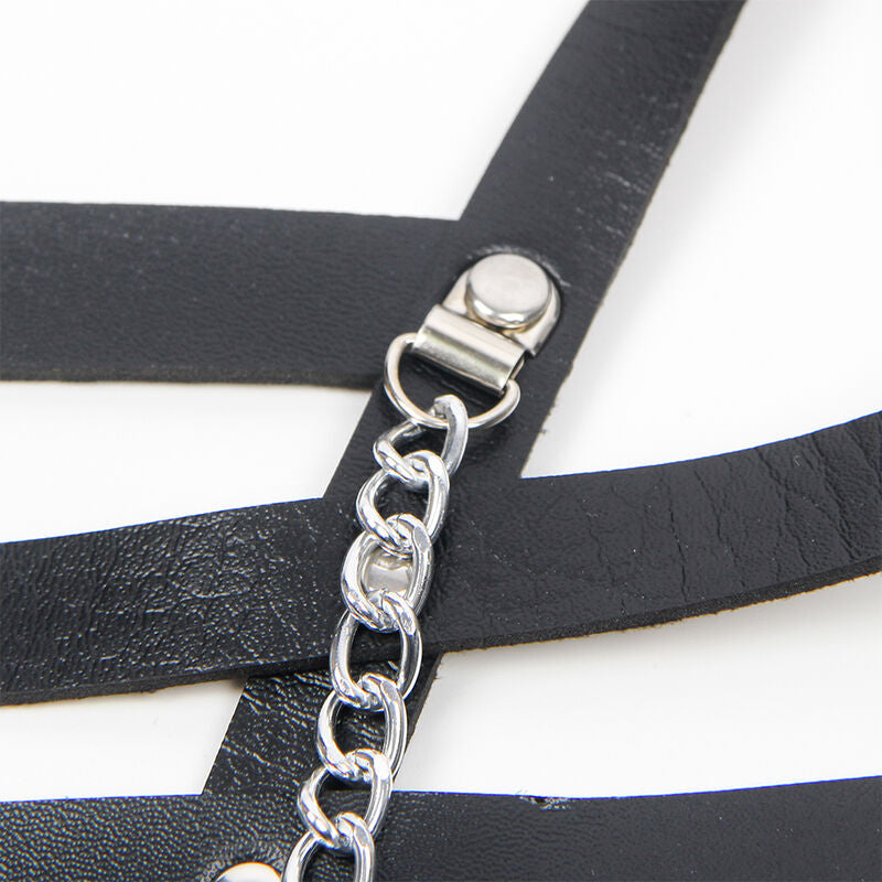Arnês Corset Subblime de couro preto com detalhes de corrente, design elegante e sedutor.