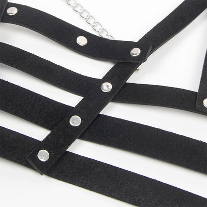 Arnês Corset Subblime de couro preto com detalhes de corrente, design elegante e sedutor.