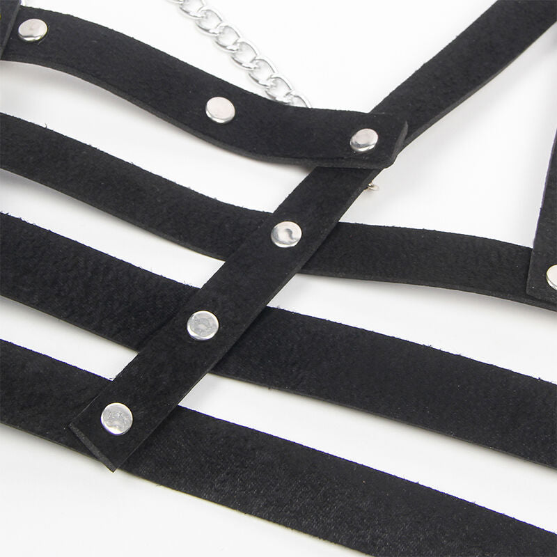 Arnês Corset Subblime de couro preto com detalhes de corrente, design elegante e sedutor.