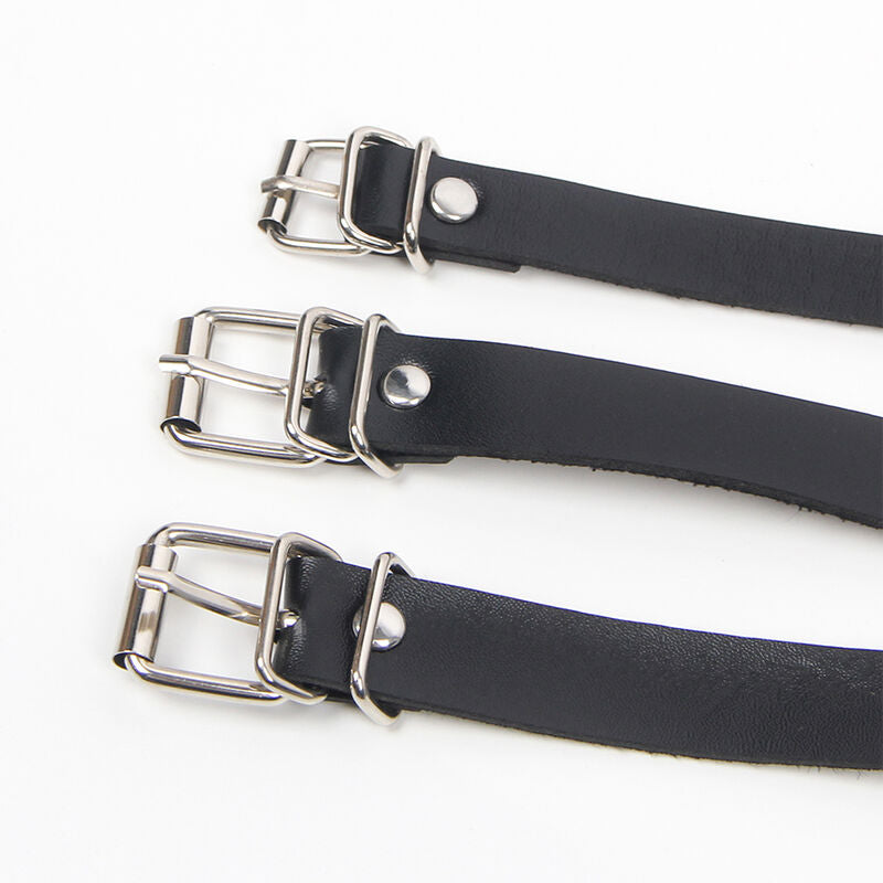 Arnês Corset Subblime de couro preto com detalhes de corrente, design elegante e sedutor.