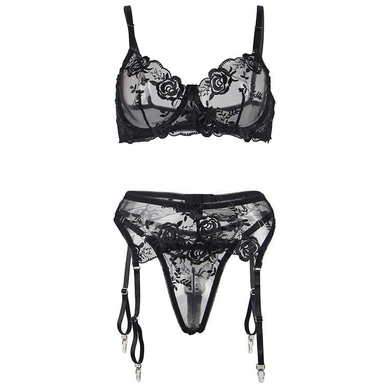SUBBLIME Conjunto Lingerie 3 Peças Estampado Floral Preto S/M, mostrando o sutiã, tanga e liga