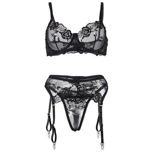 SUBBLIME Conjunto Lingerie 3 Peças Estampado Floral Preto S/M, mostrando o sutiã, tanga e liga