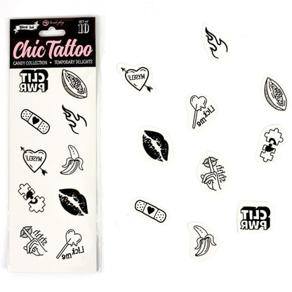 Close-up do 'SECRET PLAY Conjunto de 10 Tatuagens Temporárias Coleção Doces' mostrando vários designs temáticos de doces.