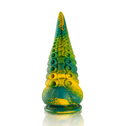 Close-up do Dildo Tentáculo Cetus Verde Pequeno da EPIC CYBERSILICOCK, mostrando suas texturas e design inspirado em tentáculos.