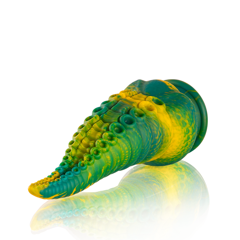 Close-up do Dildo Tentáculo Cetus Verde Pequeno da EPIC CYBERSILICOCK, mostrando suas texturas e design inspirado em tentáculos.