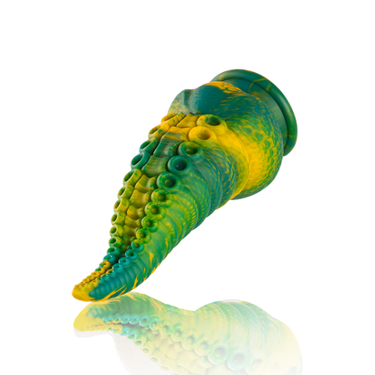 Close-up do Dildo Tentáculo Cetus Verde Pequeno da EPIC CYBERSILICOCK, mostrando suas texturas e design inspirado em tentáculos.