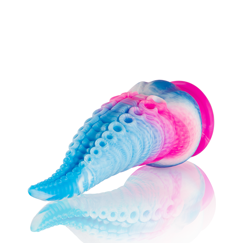 Close-up do EPIC Dildo de Tentáculo Phorcys Azul Pequeno, mostrando seu design mítico e textura de silicone.