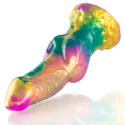 Close-up of the EPIC CYBERSILICOCK Iris Dildo with Rainbow Testicles, showing its unique design and silicone texture.
