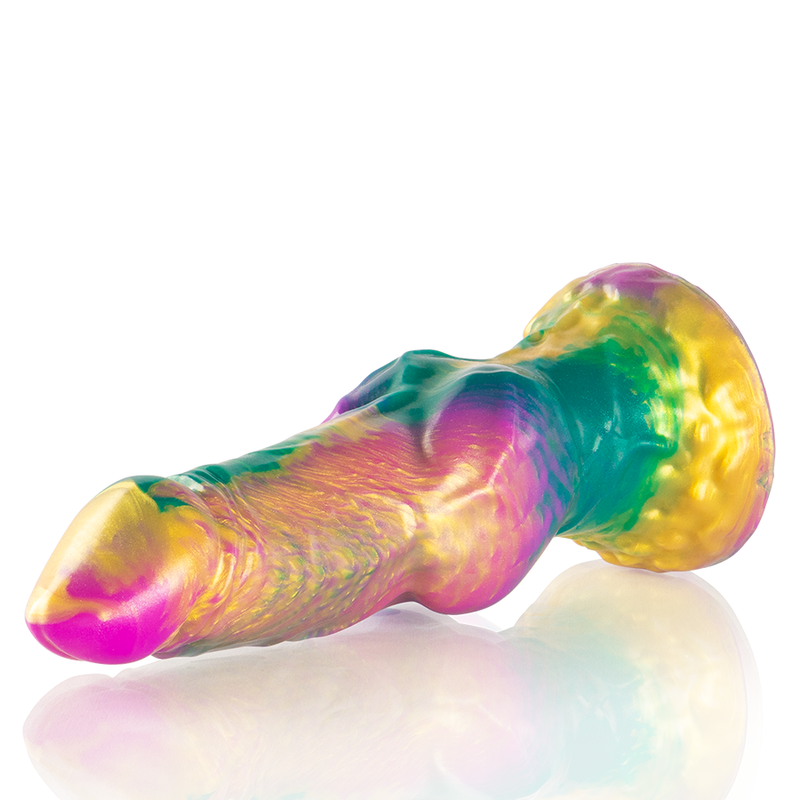 Close-up of the EPIC CYBERSILICOCK Iris Dildo with Rainbow Testicles, showing its unique design and silicone texture.