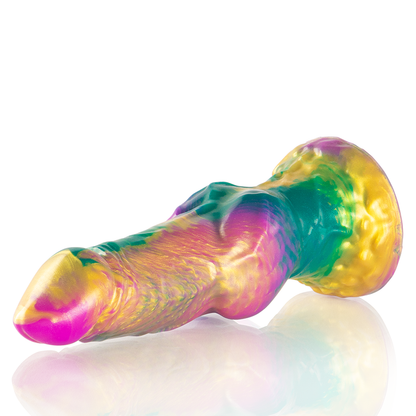 Close-up of the EPIC CYBERSILICOCK Iris Dildo with Rainbow Testicles, showing its unique design and silicone texture.