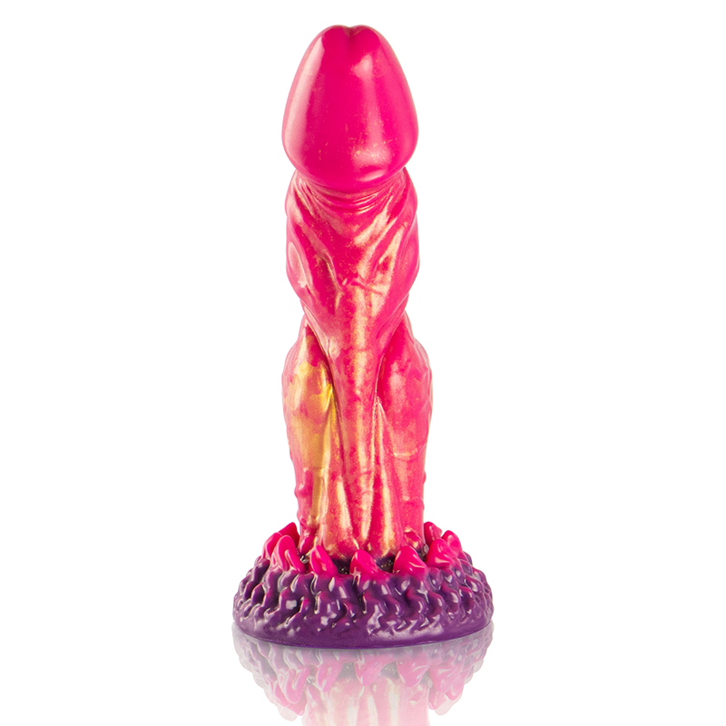 Dildo de silicone Cerberus da EPIC CYBERSILICOCK, com design mitológico e cores vibrantes.