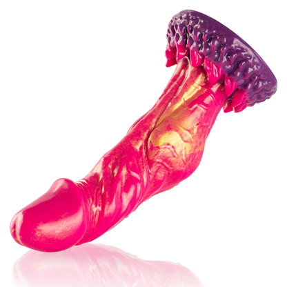 Dildo de silicone Cerberus da EPIC CYBERSILICOCK, com design mitológico e cores vibrantes.