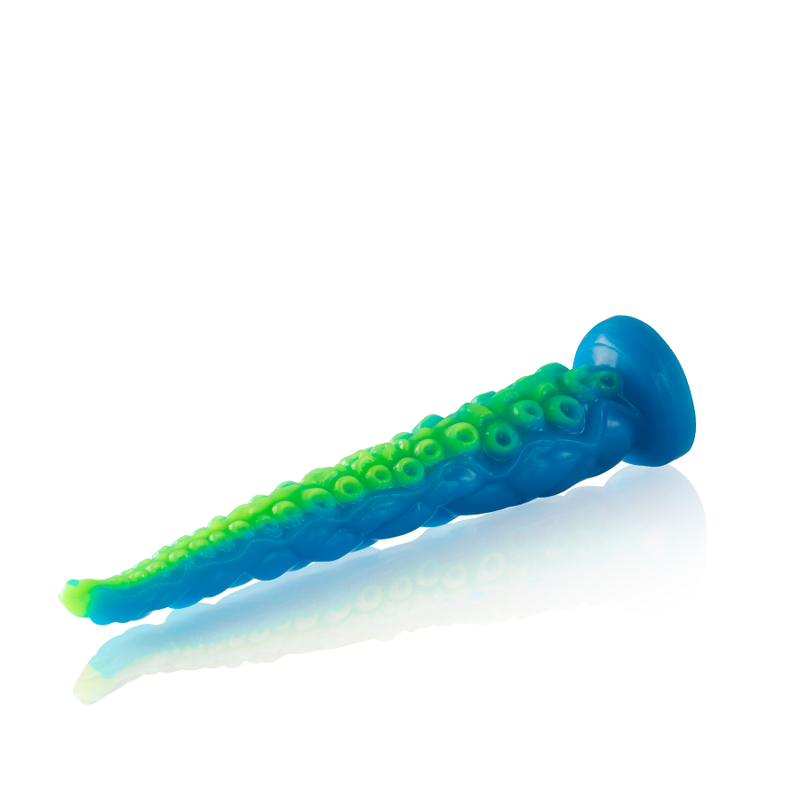 Close-up do Dildo EPIC Scylla Fluorescente Tentáculo Fino Pequeno, mostrando seu design único e cor vibrante.