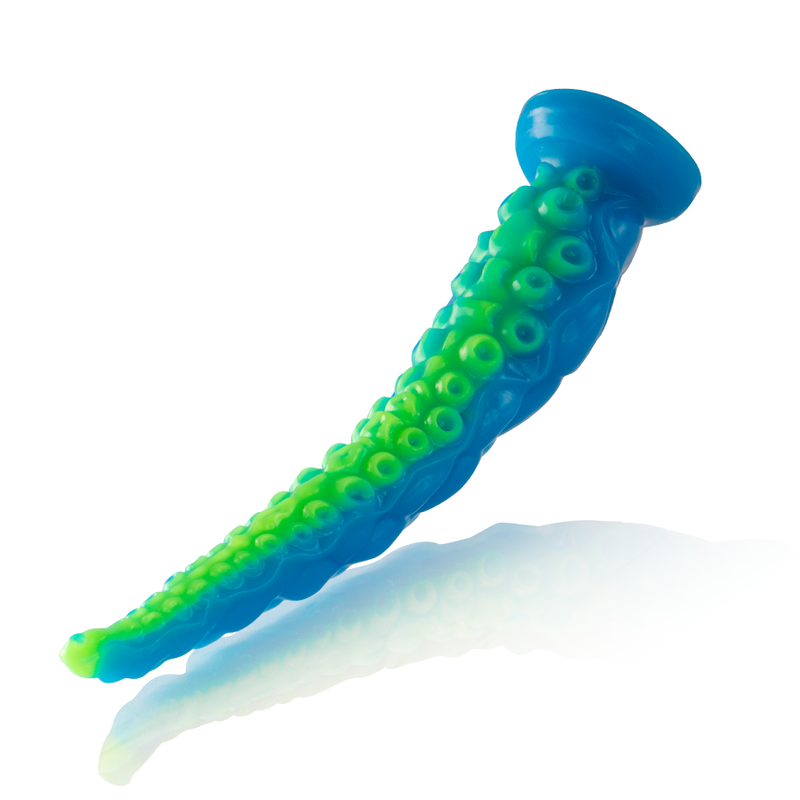 Close-up do Dildo EPIC Scylla Fluorescente Tentáculo Fino Pequeno, mostrando seu design único e cor vibrante.