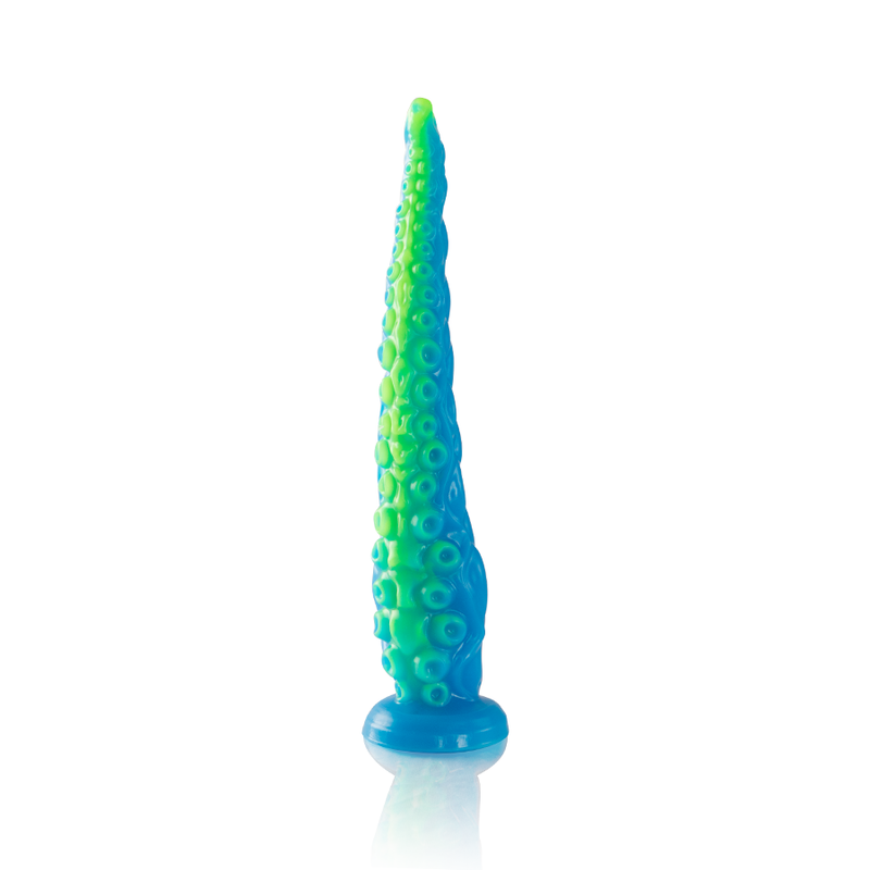 Close-up do Dildo EPIC Scylla Fluorescente Tentáculo Fino Pequeno, mostrando seu design único e cor vibrante.