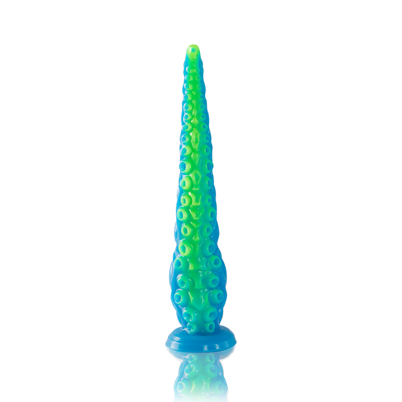 Close-up do Dildo EPIC Scylla Fluorescente Tentáculo Fino Pequeno, mostrando seu design único e cor vibrante.