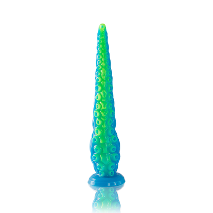 Close-up do Dildo EPIC Scylla Fluorescente Tentáculo Fino Pequeno, mostrando seu design único e cor vibrante.