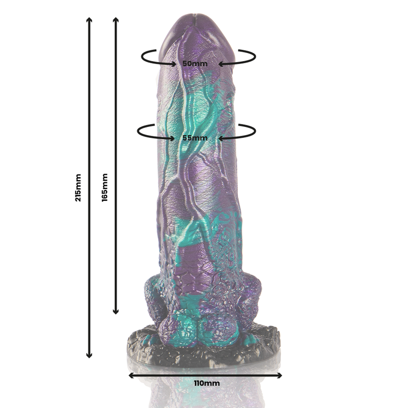 Close-up do Dildo EPIC Basilisk, mostrando seu design duplo escamoso e cor vibrante.