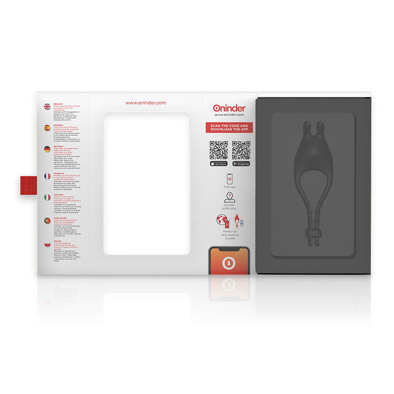 ONINDER Anel Vibrador Pampa com controle via app, mostrando seu design elegante em silicone preto e estimulador de clitóris.