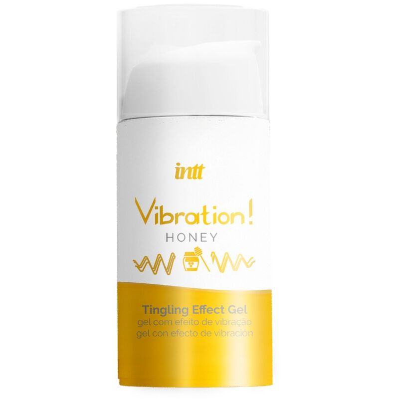 INTT Gel Vibrador Estimulante Íntimo com Mel Líquido 15 ML, detalhe da embalagem e textura do gel.