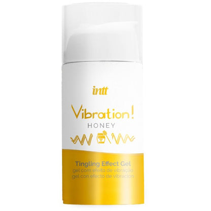 INTT Gel Vibrador Estimulante Íntimo com Mel Líquido 15 ML, detalhe da embalagem e textura do gel.