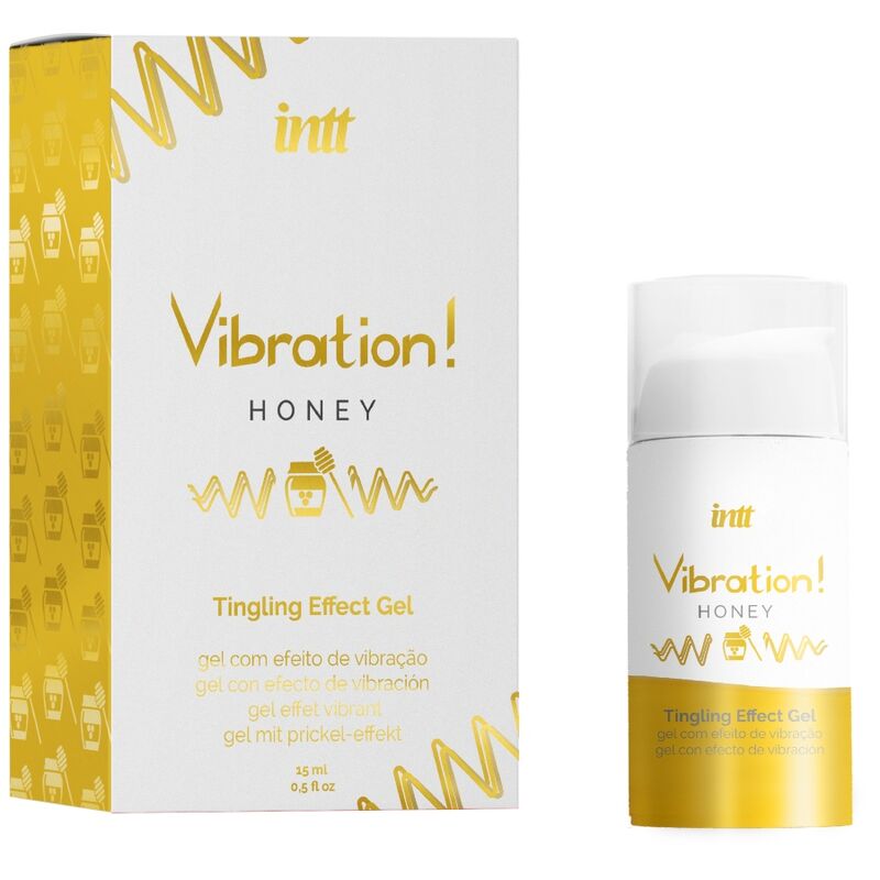 INTT Gel Vibrador Estimulante Íntimo com Mel Líquido 15 ML, detalhe da embalagem e textura do gel.